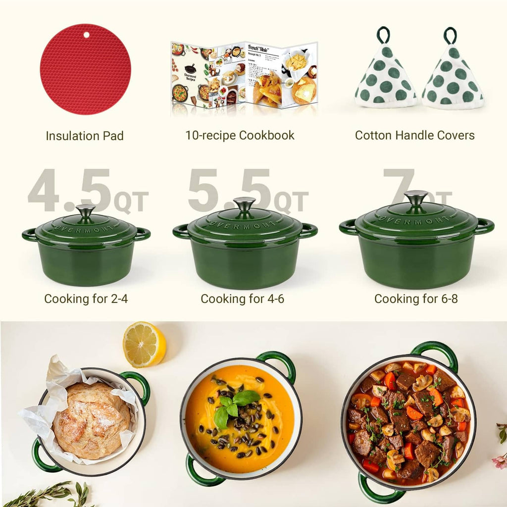 Green enameled Dutch oven set with lids and accessory handle covers