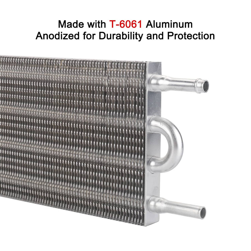 Aluminum oil cooler end tank with braided fins and two outlet tubes