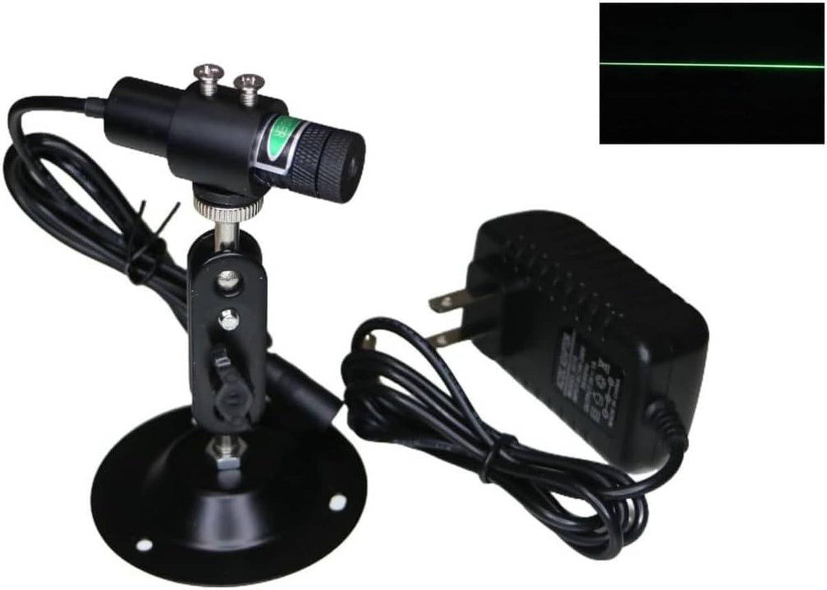 Black laser line projector module with base, power adapter, and inset green line beam