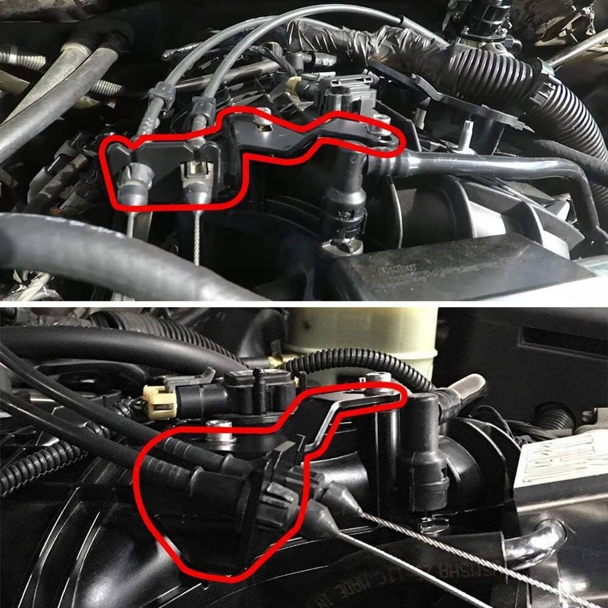 Throttle body and throttle cable connections in engine bay, highlighted routes