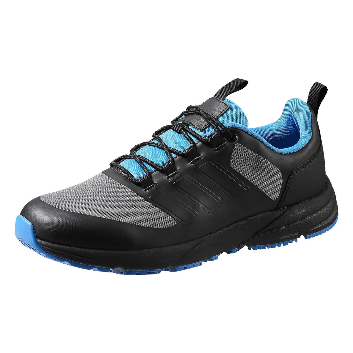 Black and blue low-profile training sneaker with mesh side panel and lace-up