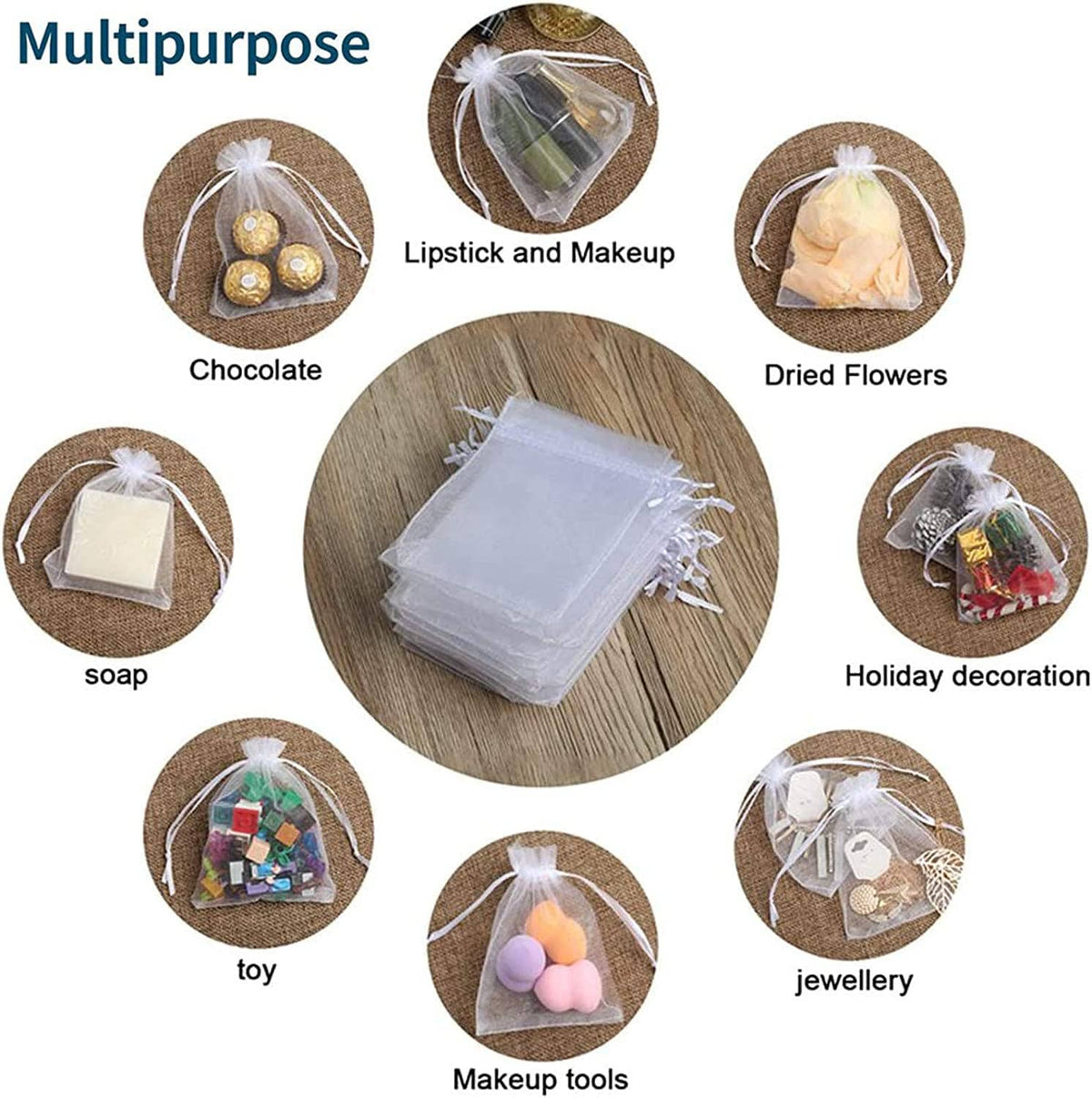 White organza drawstring gift bags, shown filled with small items for various uses