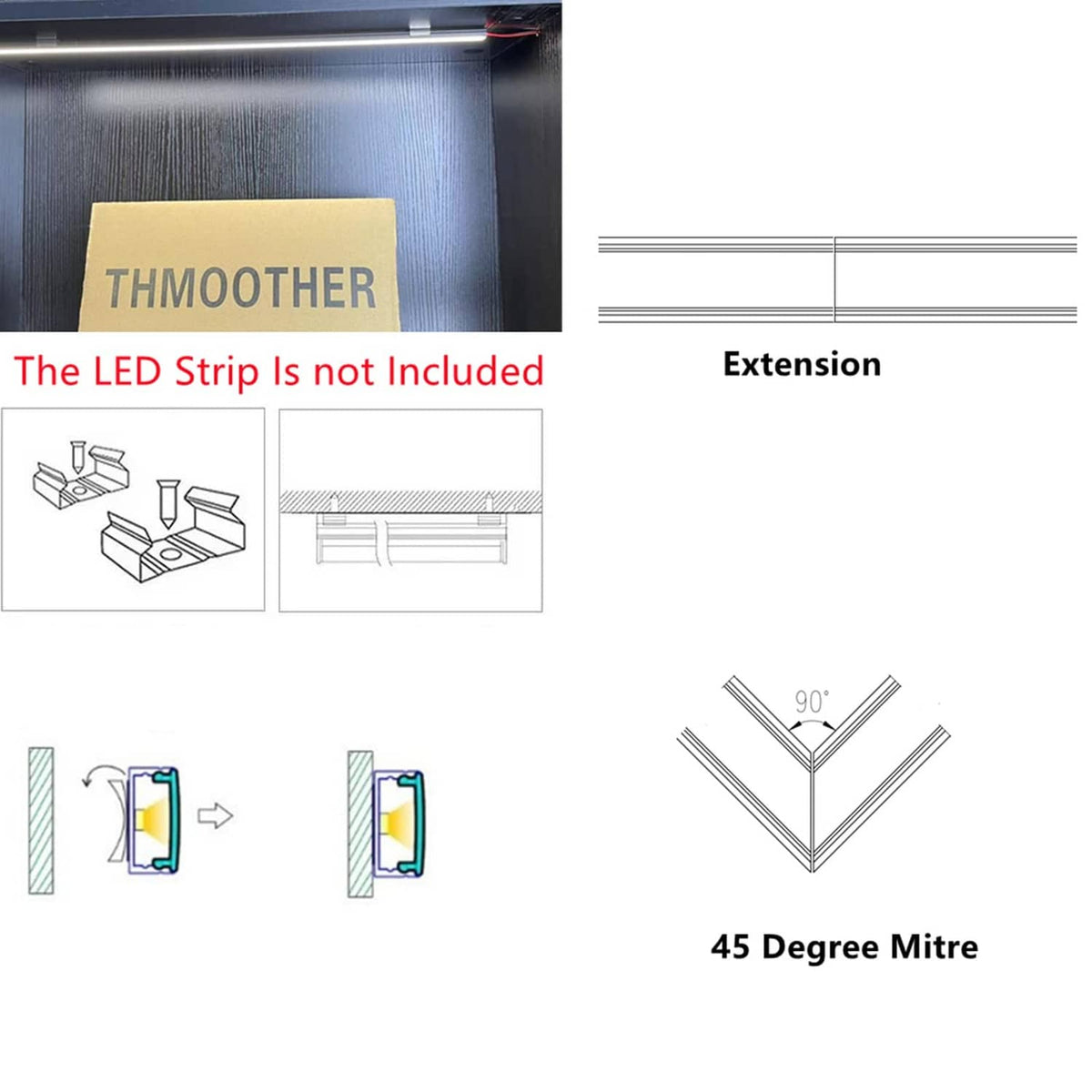 LED channel diffuser kit with extension and 45-degree miter installation diagram