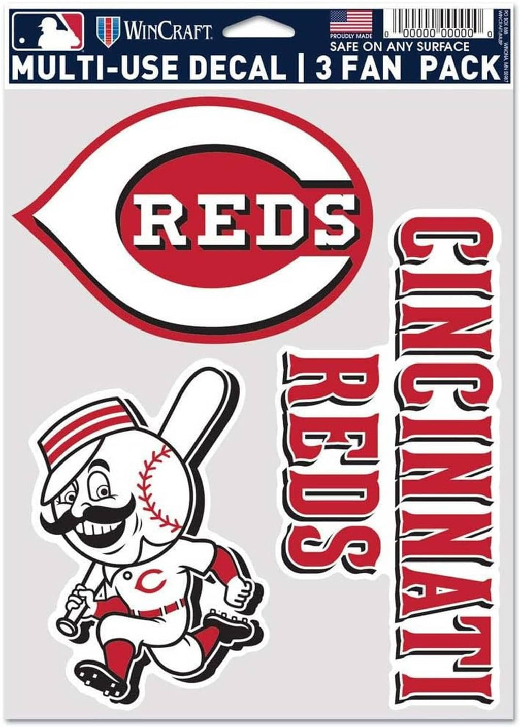 Cincinnati Reds multi-use fan decal set featuring Reds eye logo, mascot, and vertical R-E-D-S letters