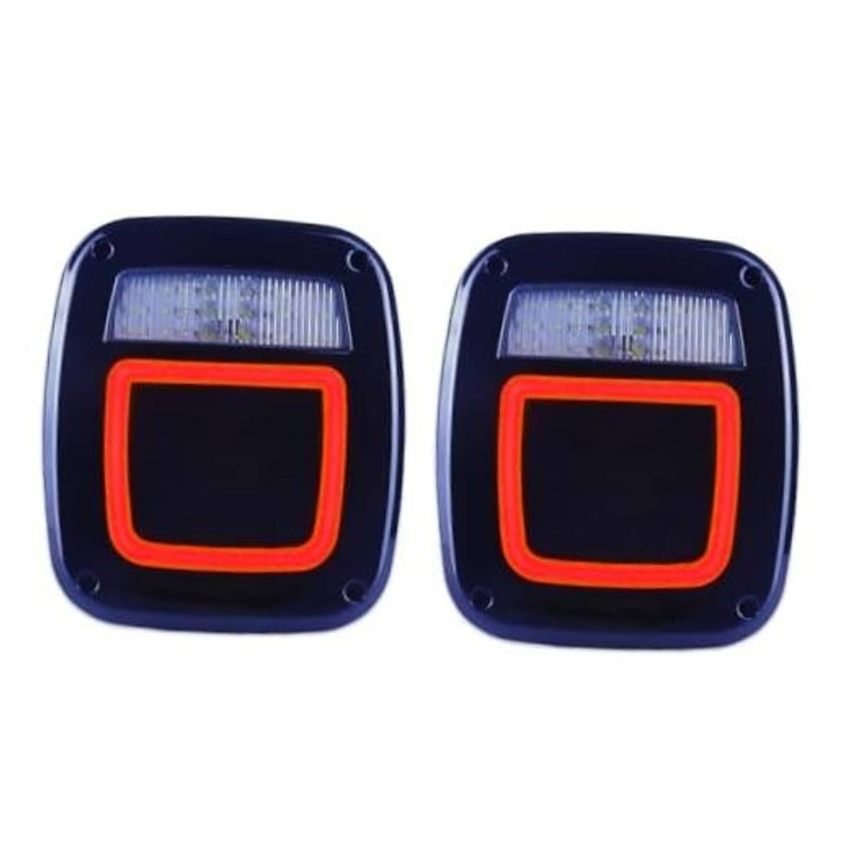 Pair of square smoked rear tail lights with white top bar and red halo ring