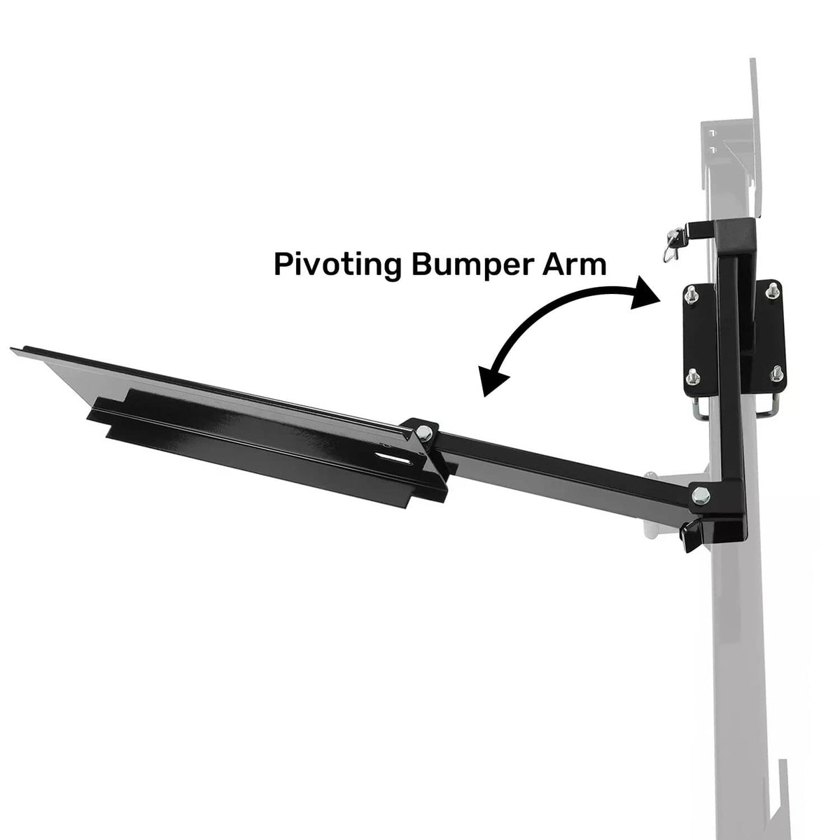Black pivoting bumper arm assembly with rotating arm and mounting post