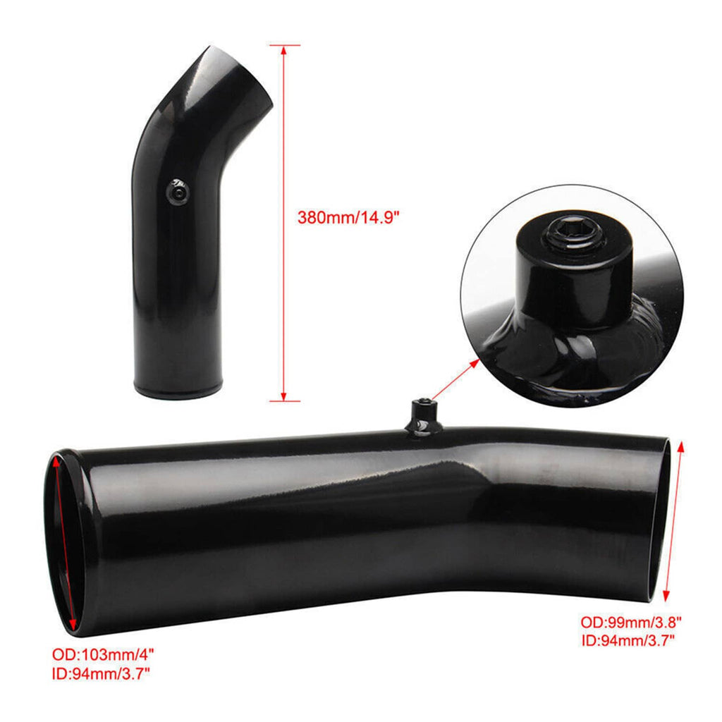 Black L-shaped intake tube with mounting tab and clamp hardware for cone filter