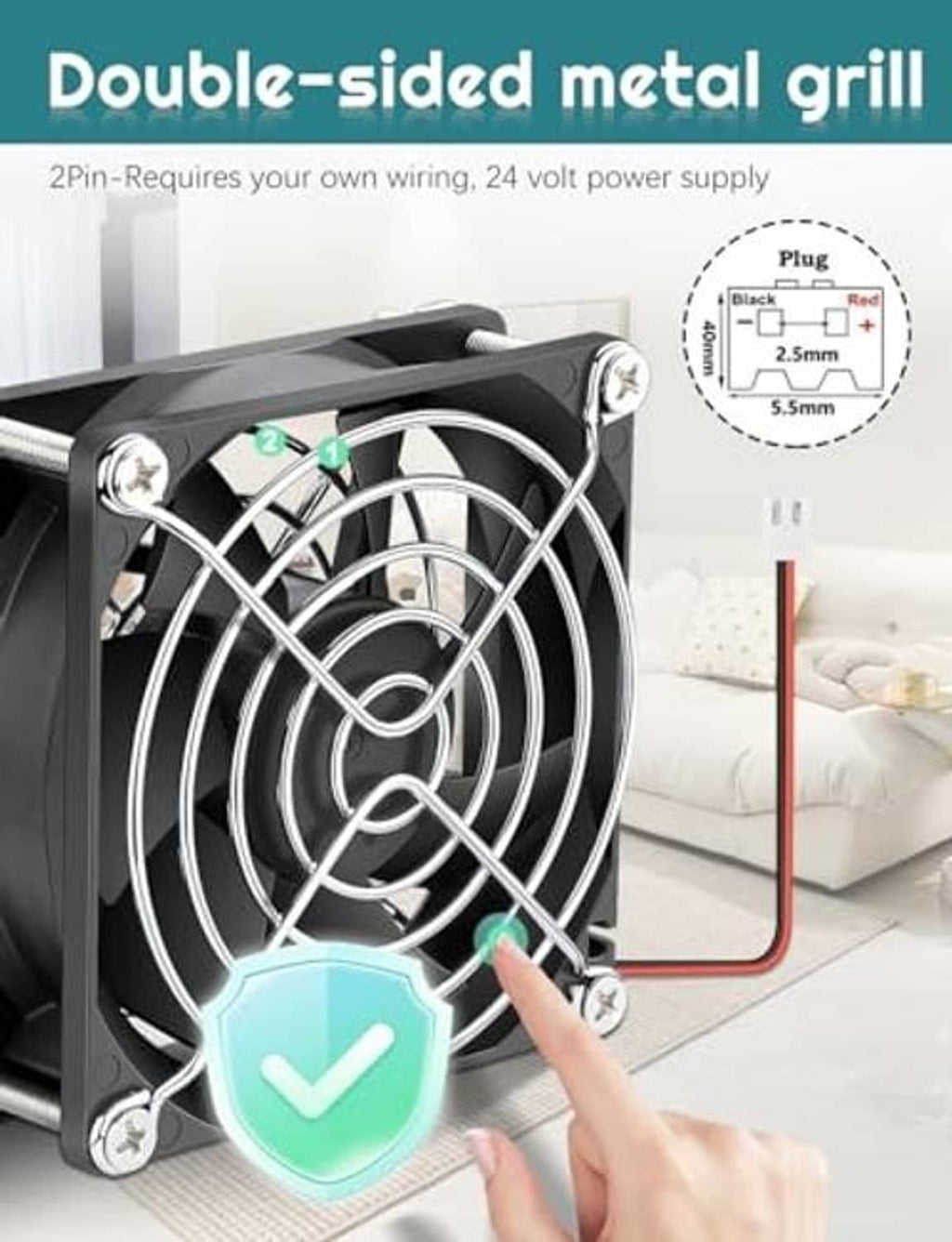24V DC brushless fan with double-sided metal grill and 2-pin wiring detail