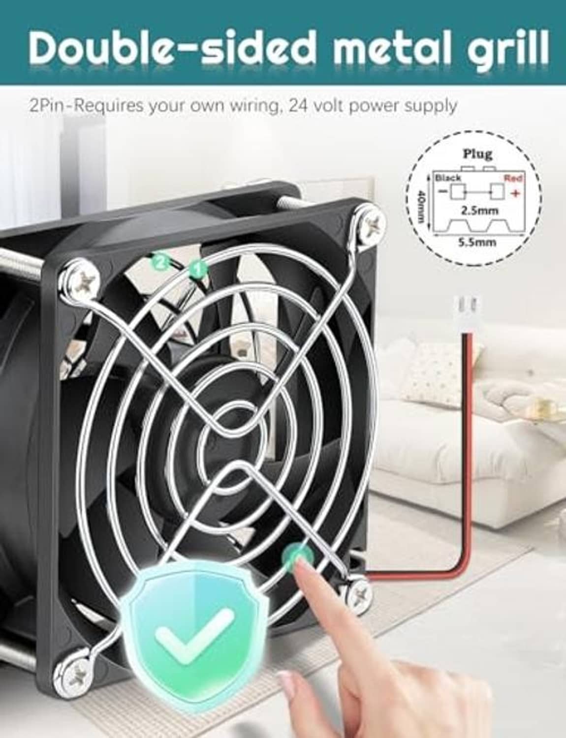 24V DC brushless fan with double-sided metal grill and 2-pin wiring detail