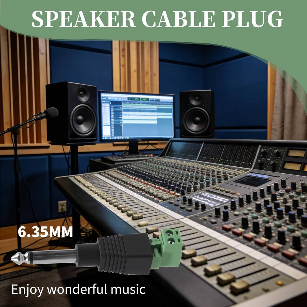 Mono speaker cable plug, 6.35mm jack with green screw terminal block