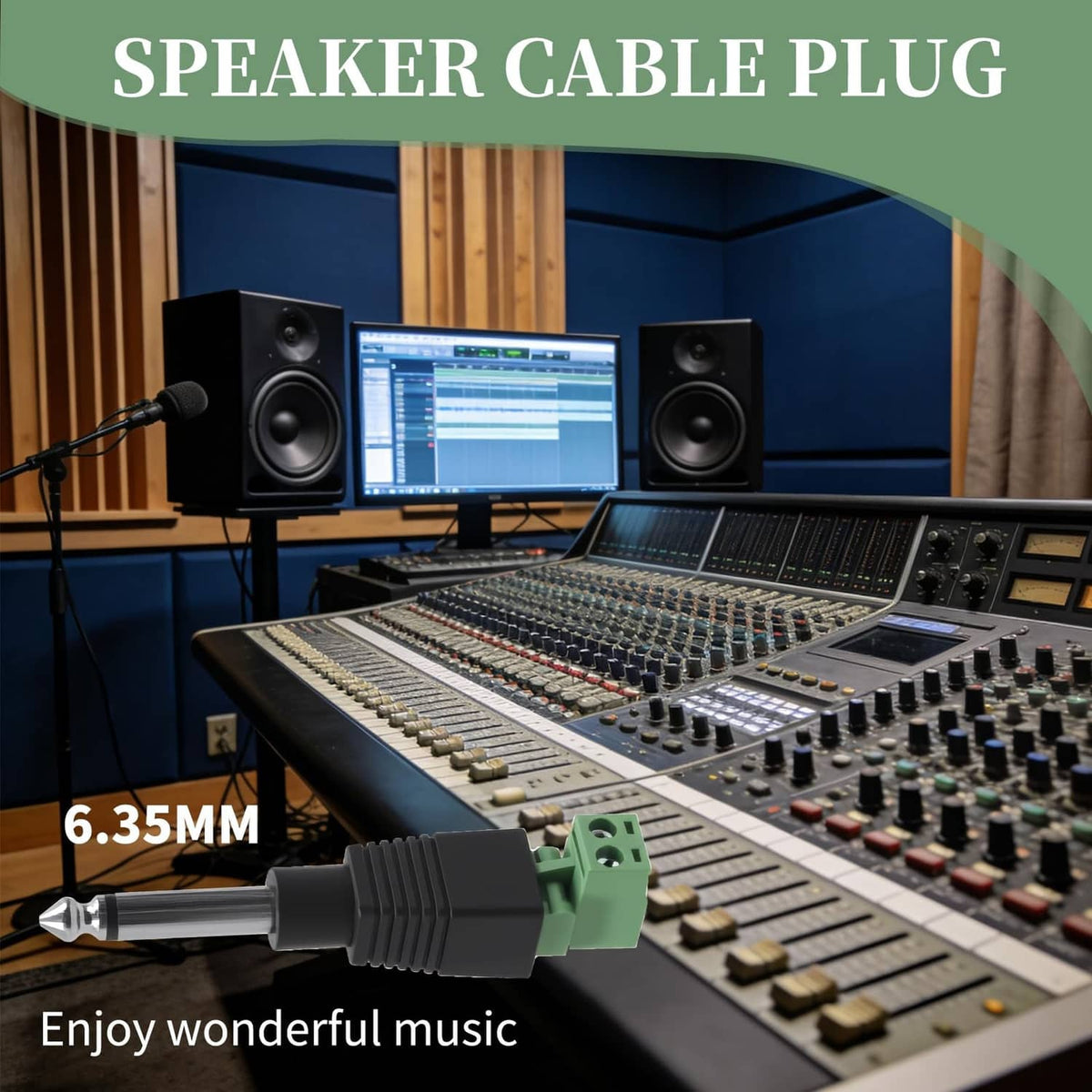 Mono speaker cable plug, 6.35mm jack with green screw terminal block