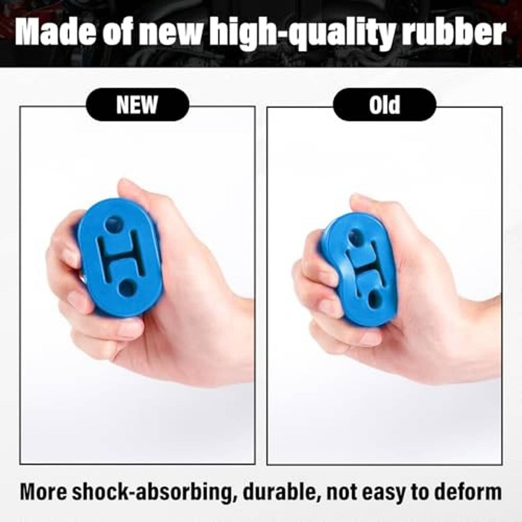 Blue rubber exhaust hanger held in hand, domed face with two mounting holes