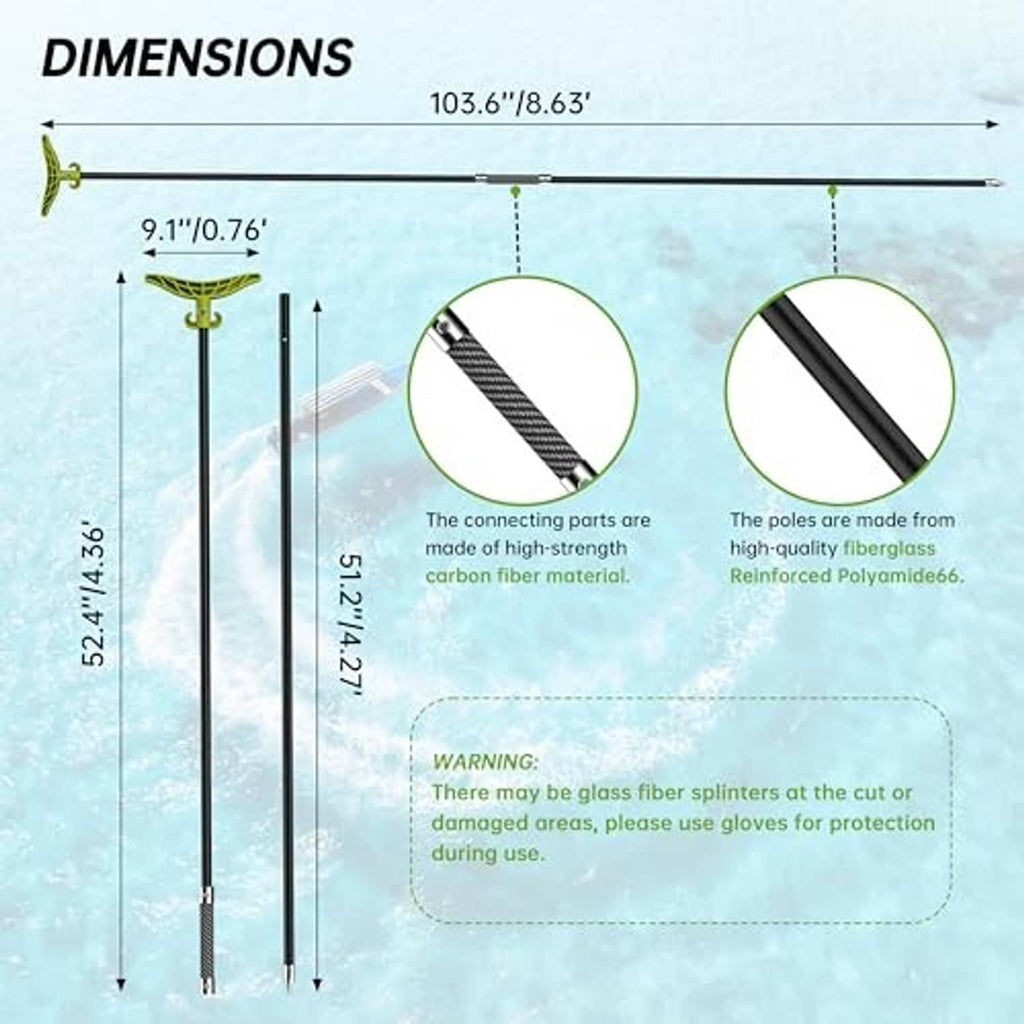 Fiberglass anchor pole diagram with measurement lines and two connecting rod sections