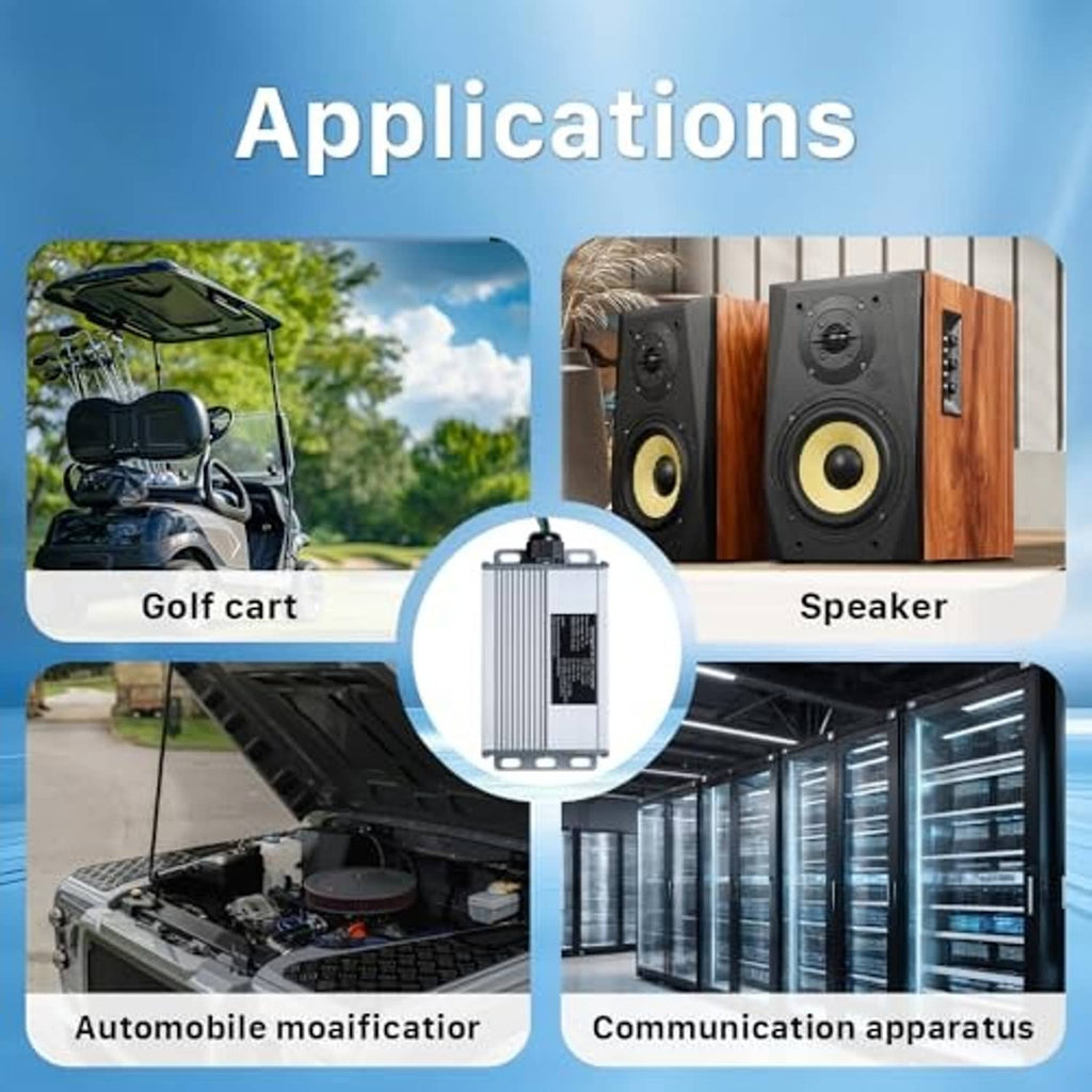 DC-DC converter in application graphic for golf carts, speakers, and communication gear