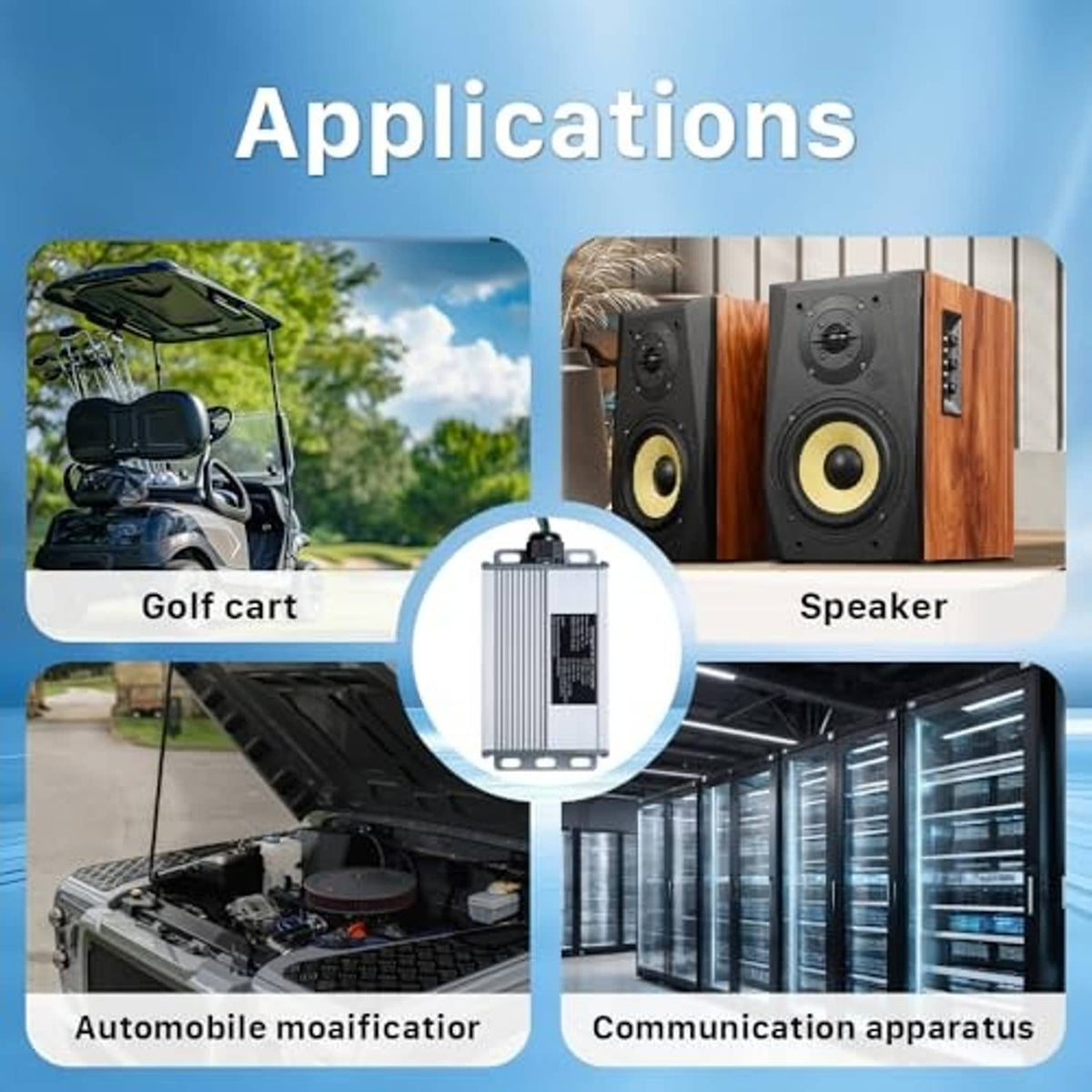 DC-DC converter in application graphic for golf carts, speakers, and communication gear