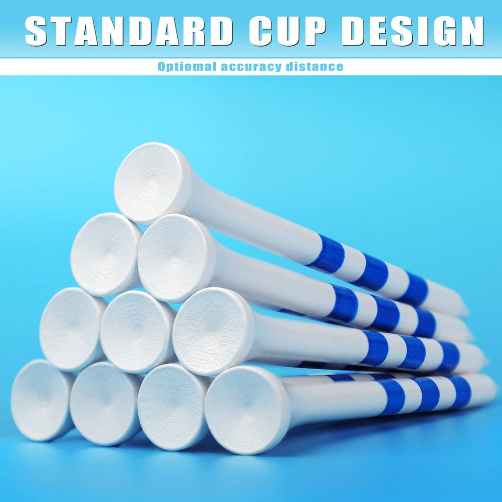 Stacked wood golf tees with white heads and blue-and-white striped shafts