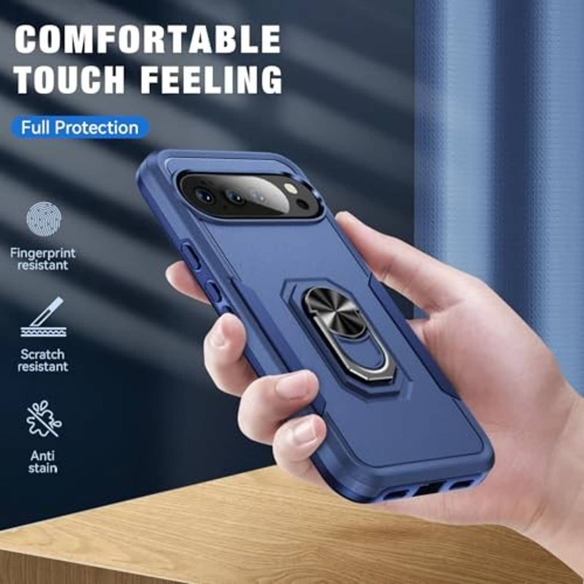 Dark blue rugged phone case with kickstand ring, textured anti-scratch bumper
