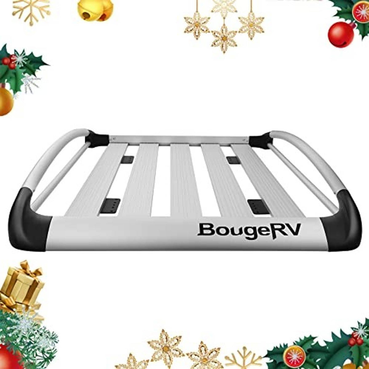 Aluminum rooftop cargo basket with slatted deck and curved end rails, BougeRV