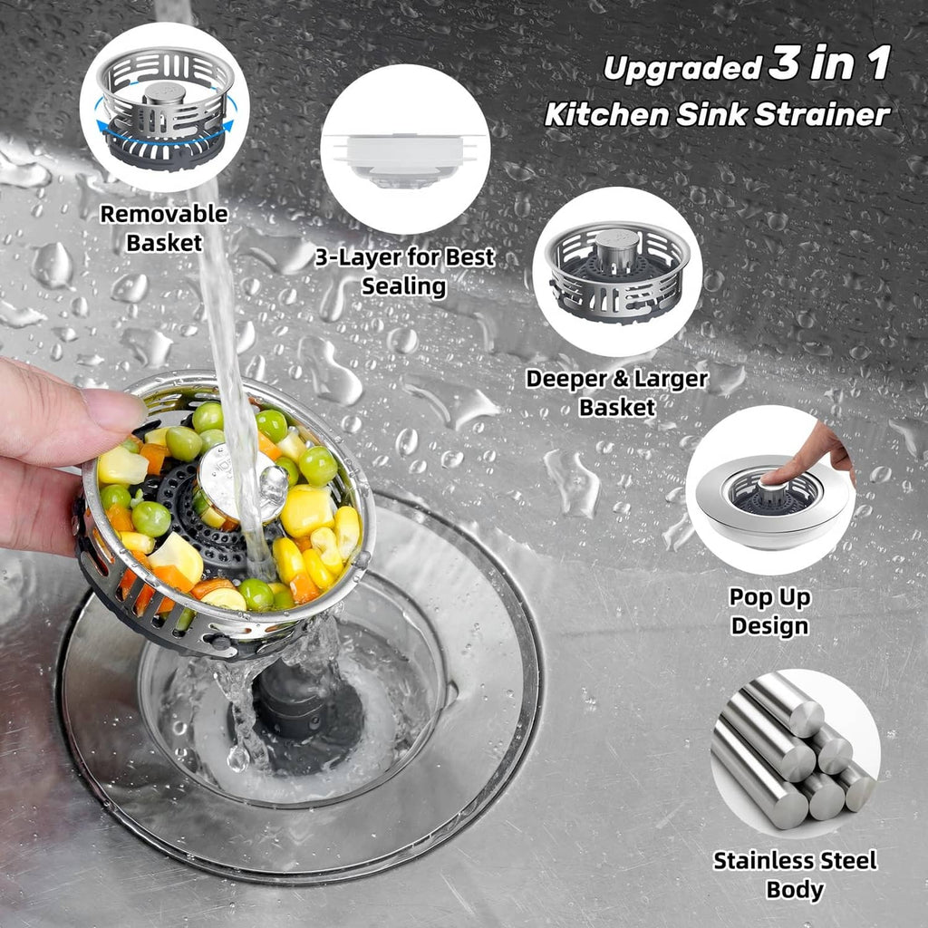 Kitchen sink drain strainer and stopper with removable basket and pop-up core