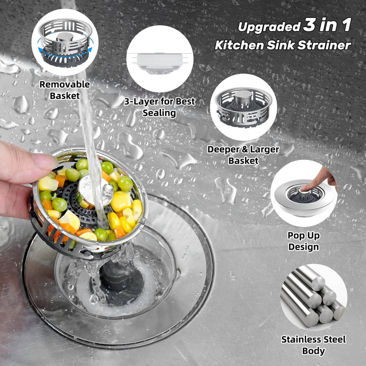 Kitchen sink drain strainer and stopper with removable basket and pop-up core