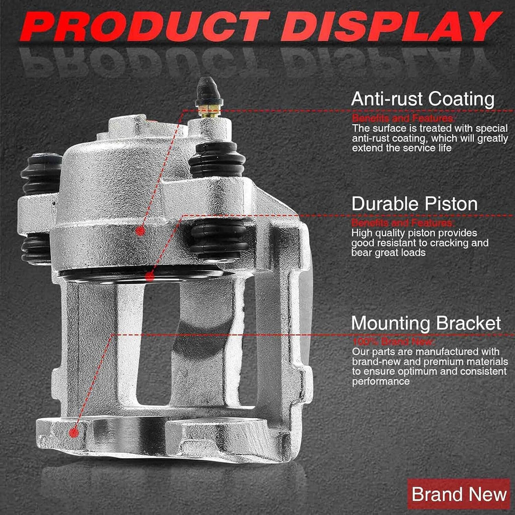 Front brake caliper with bleeder area, rubber boots, and mounting bracket