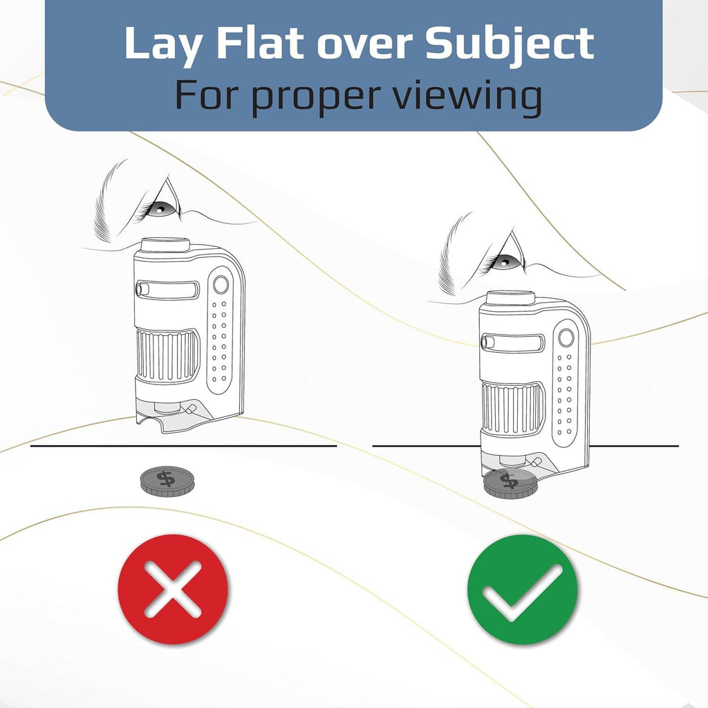 Instruction diagram for LED pocket microscope showing flat placement over the subject