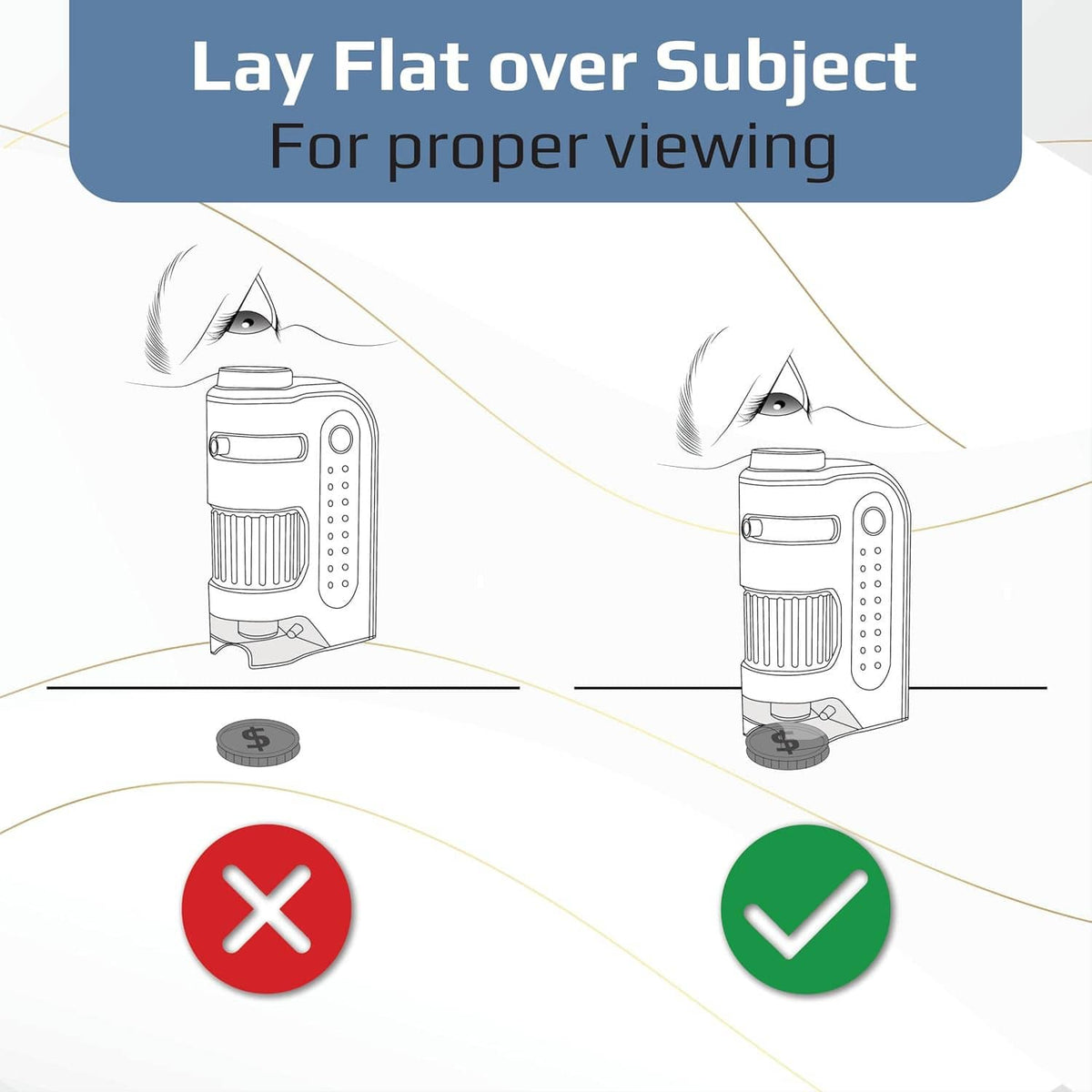 Instruction diagram for LED pocket microscope showing flat placement over the subject