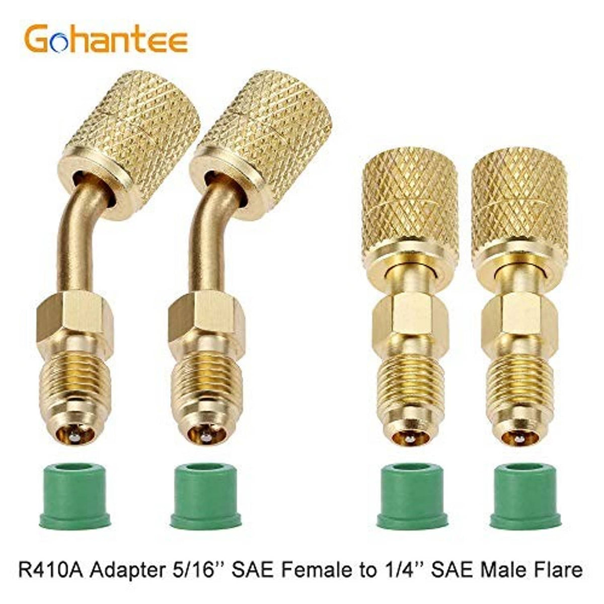 Brass R410A adapters with 5/16 female and 1/4 male flare ends, plus green caps