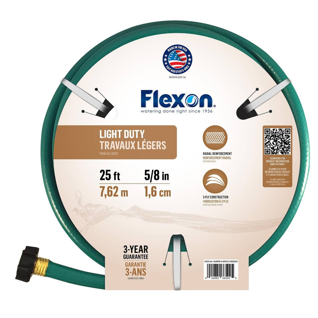 Green reinforced garden hose, 5/8 in x 25 ft, end fittings shown on packaging