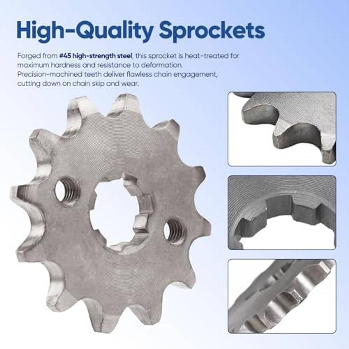 Silver steel front engine sprocket with machined teeth and threaded mounting holes