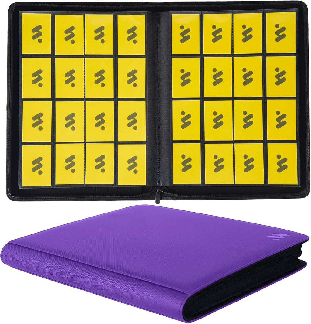 Ringless trading card binder with yellow pocket pages and purple cover, open