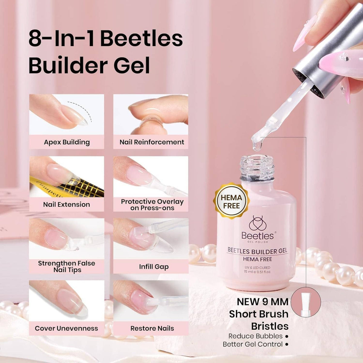 8-in-1 HEMA-free builder gel bottle with short 9 mm brush bristles