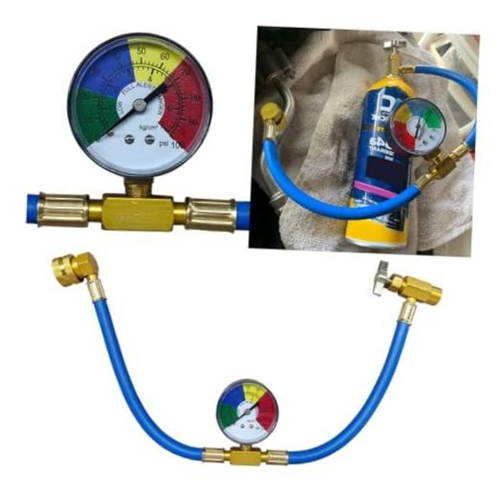 Car A/C refrigerant charge hose kit with blue hose, brass fittings, and pressure gauge