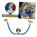 Car A/C refrigerant charge hose kit with blue hose, brass fittings, and pressure gauge