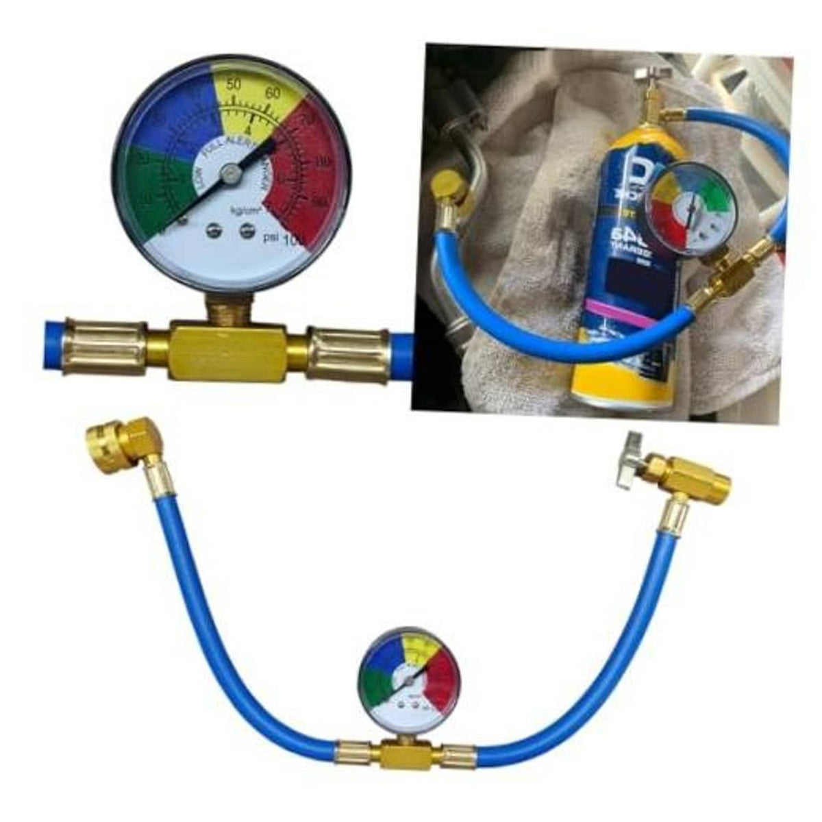 Car A/C refrigerant charge hose kit with blue hose, brass fittings, and pressure gauge