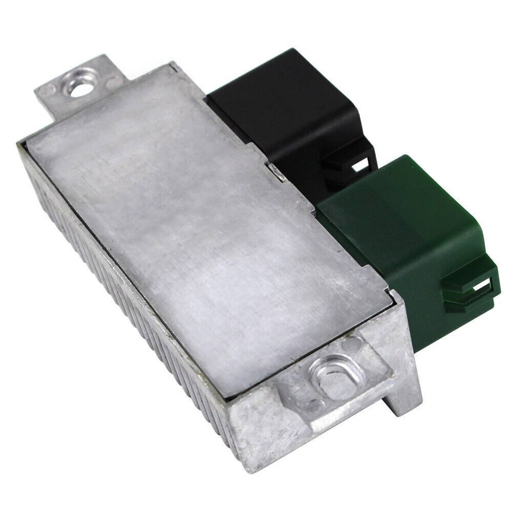 Glow plug control relay module angled view with black and green connectors on aluminum housing
