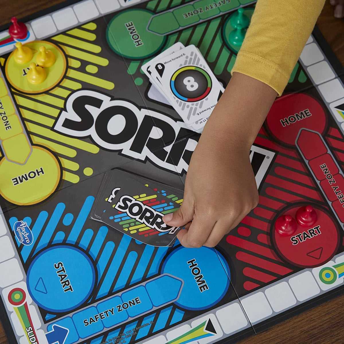 Sorry! board game mat with pawns, cards, and START and HOME sections visible