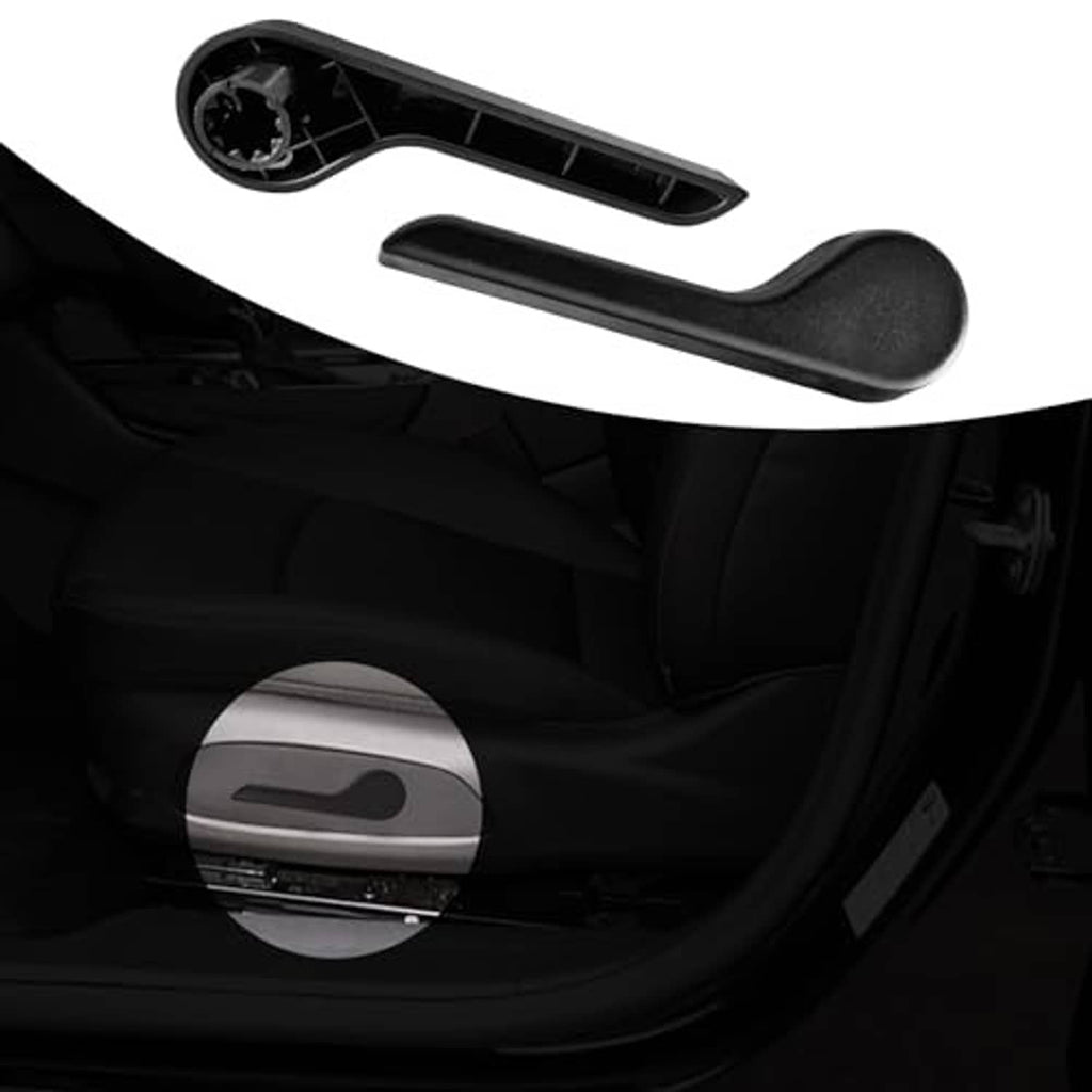 Black recliner handle lever partially installed on a car seat interior panel