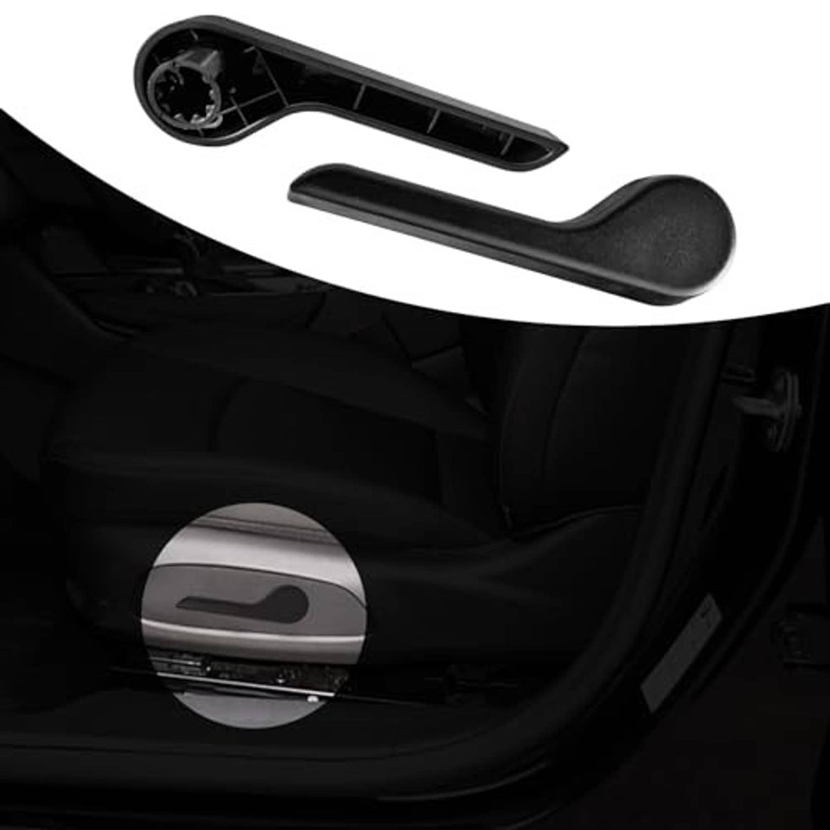 Black recliner handle lever partially installed on a car seat interior panel
