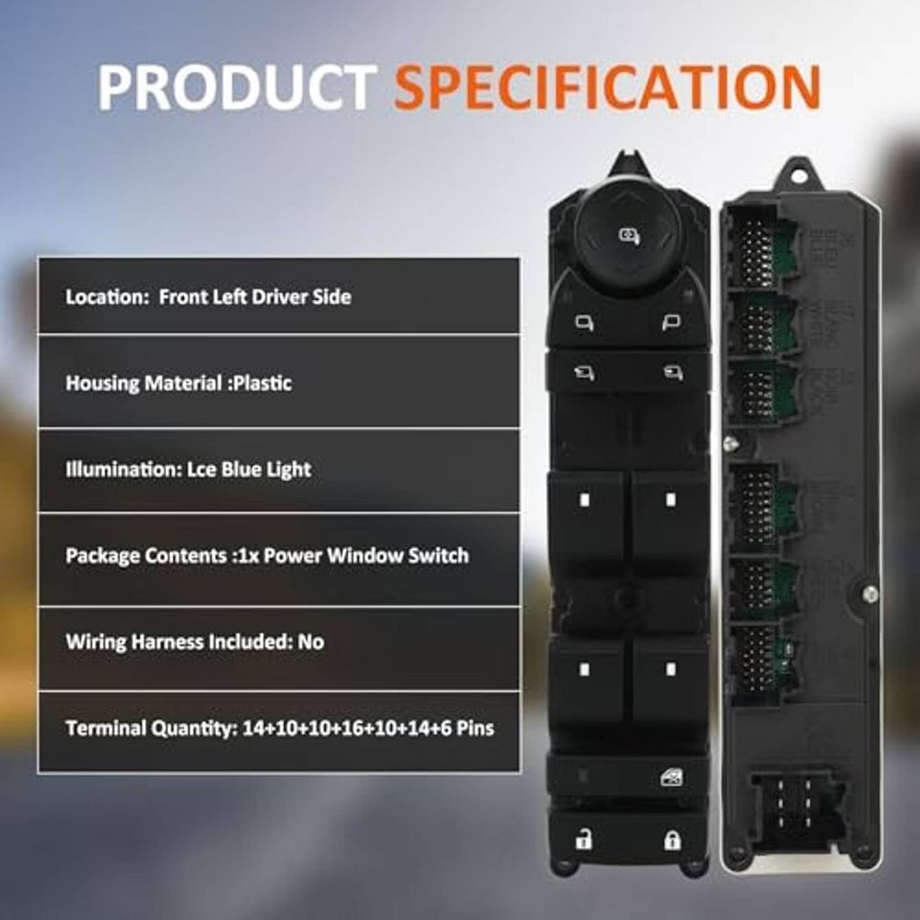 Black power window switch with connector pins and exposed circuit board on rear housing