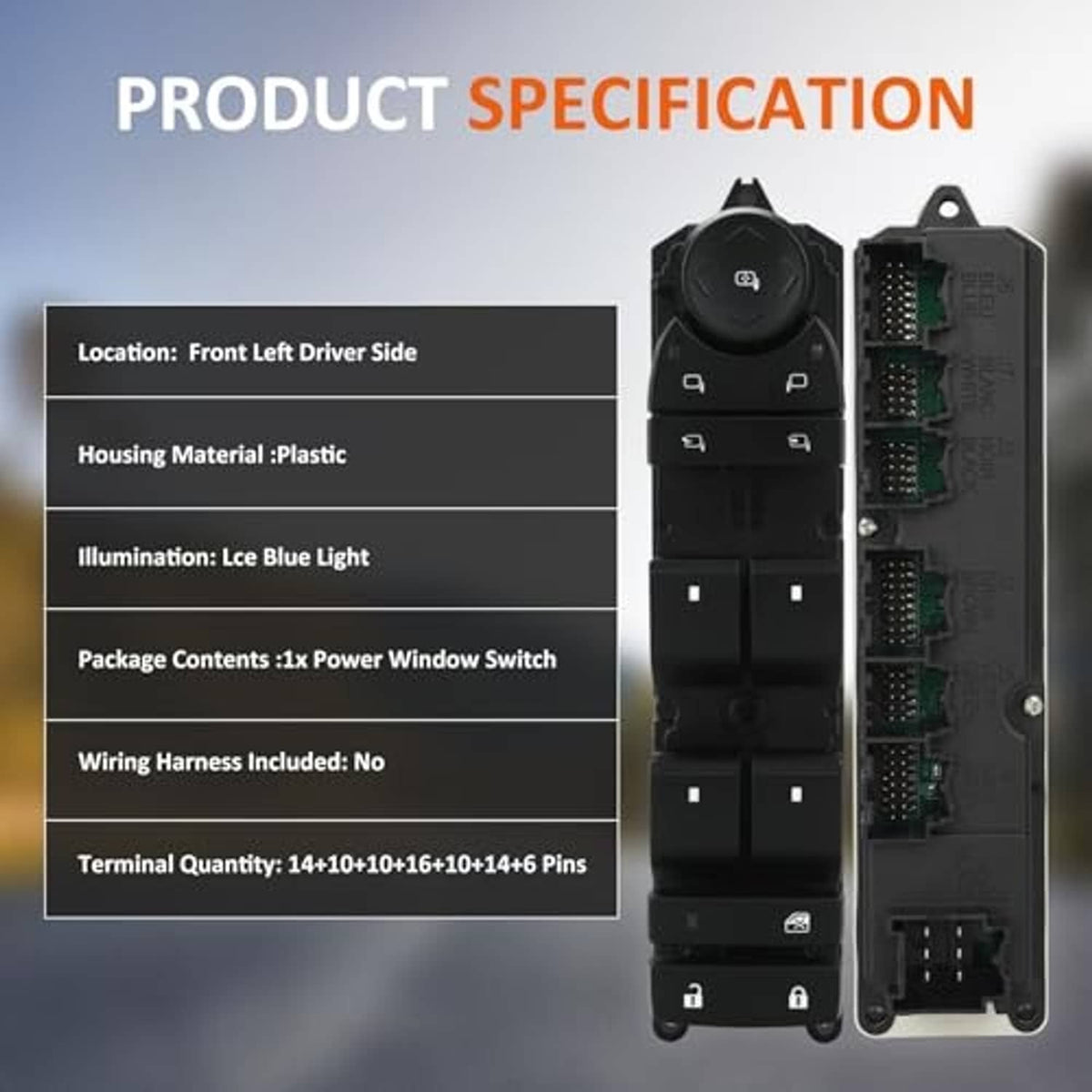 Black power window switch with connector pins and exposed circuit board on rear housing