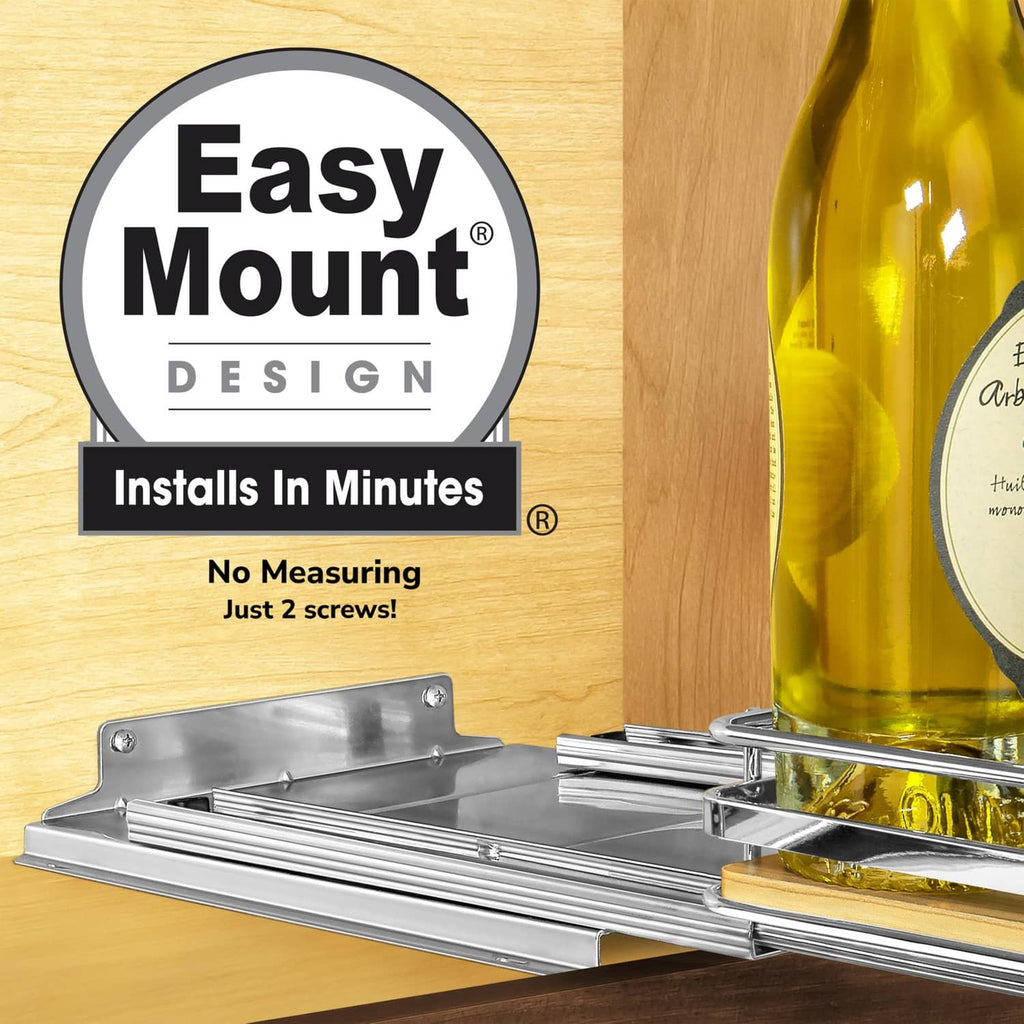 Pull-out spice rack with chrome rails and wood tray, holding a glass bottle