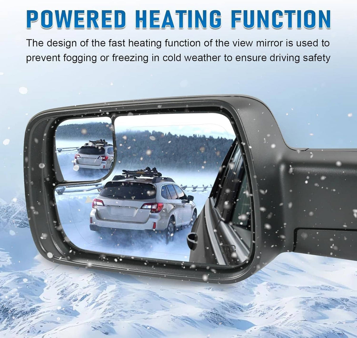 Left driver side heated mirror with clear glass in snowy conditions, black mounting housing