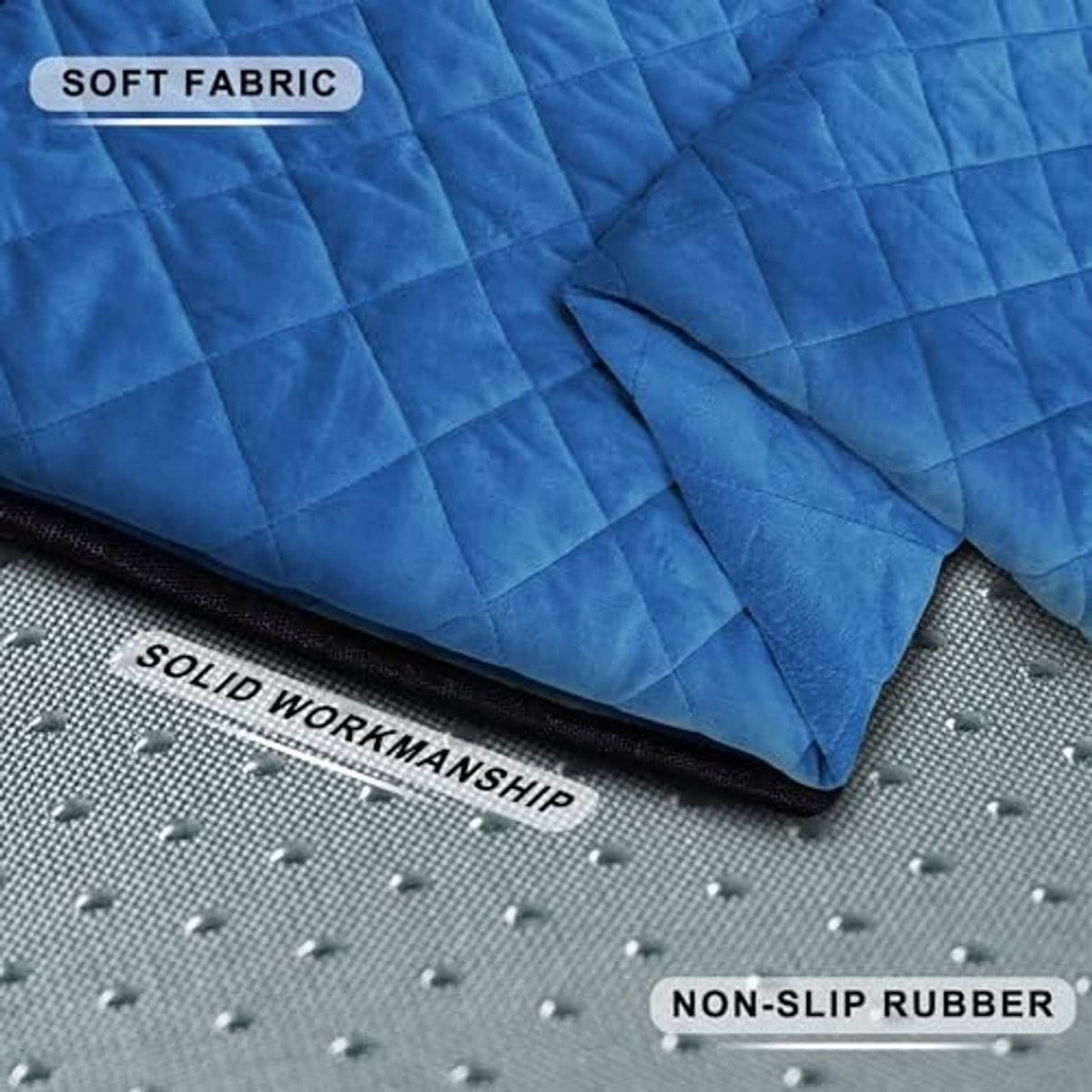 Blue quilted plush seat cover with seam detail and non-slip rubber dot backing