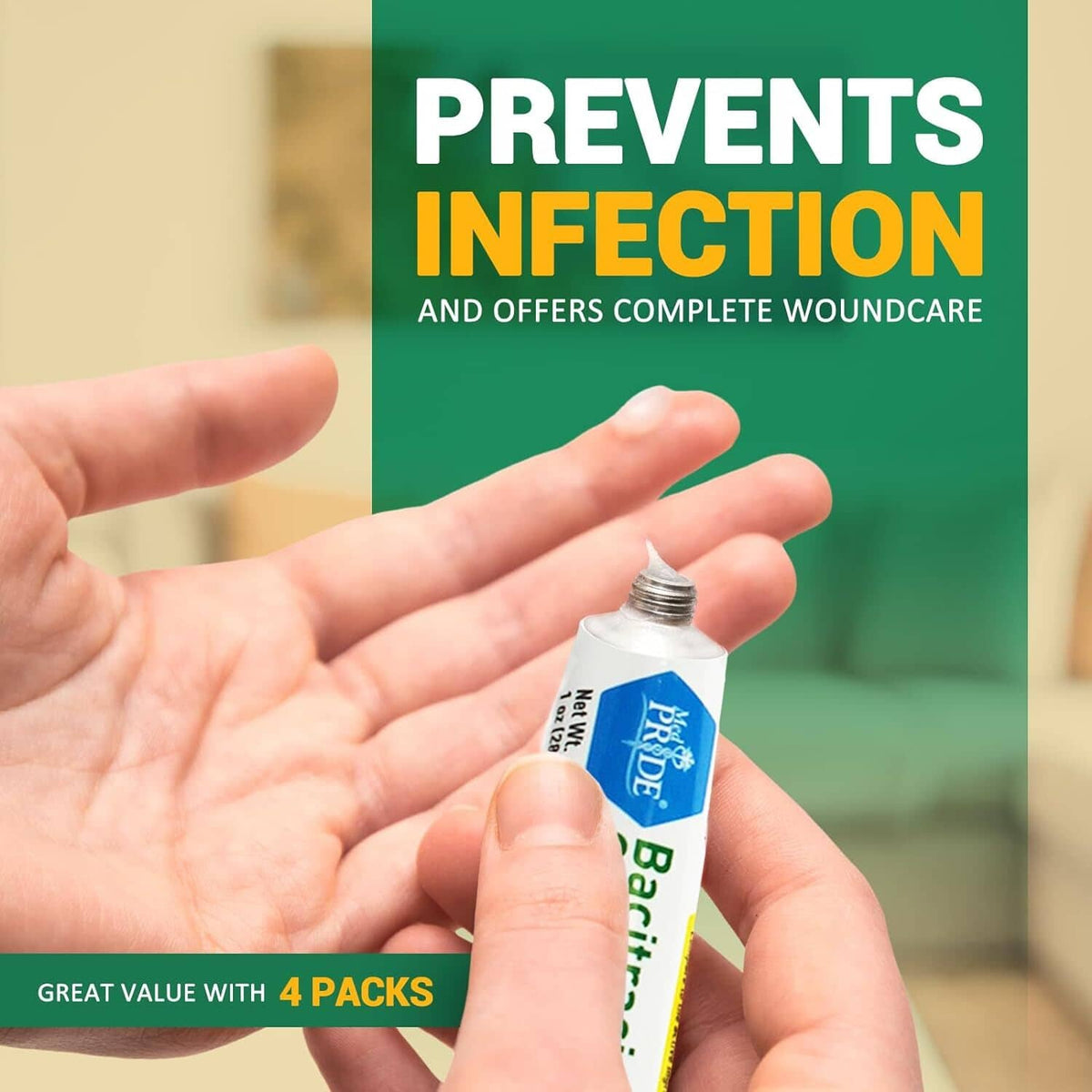 Bacitracin zinc antibiotic ointment tube held in hand for woundcare