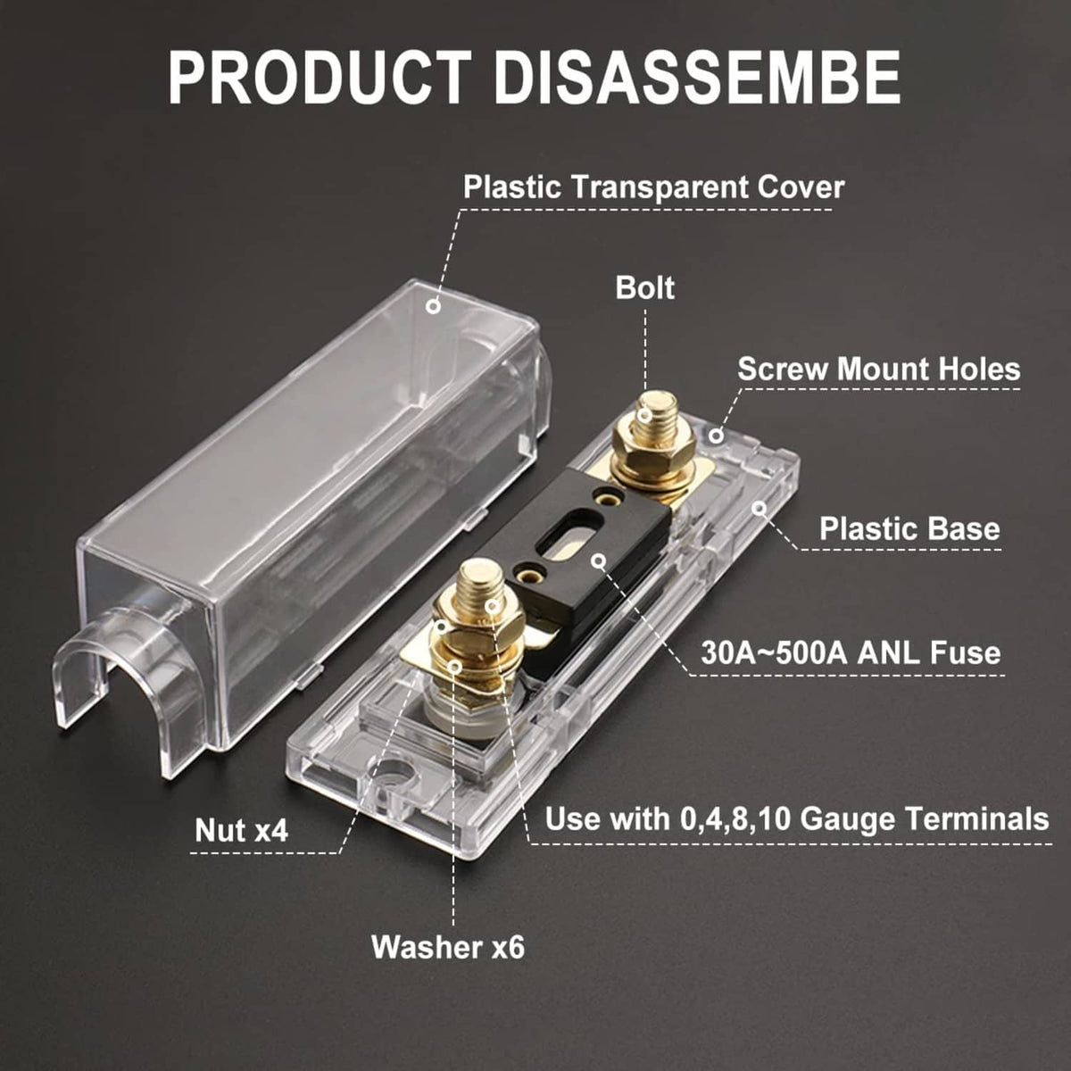 Transparent inline ANL fuse holder kit with disassembled cover, bolt, and base parts