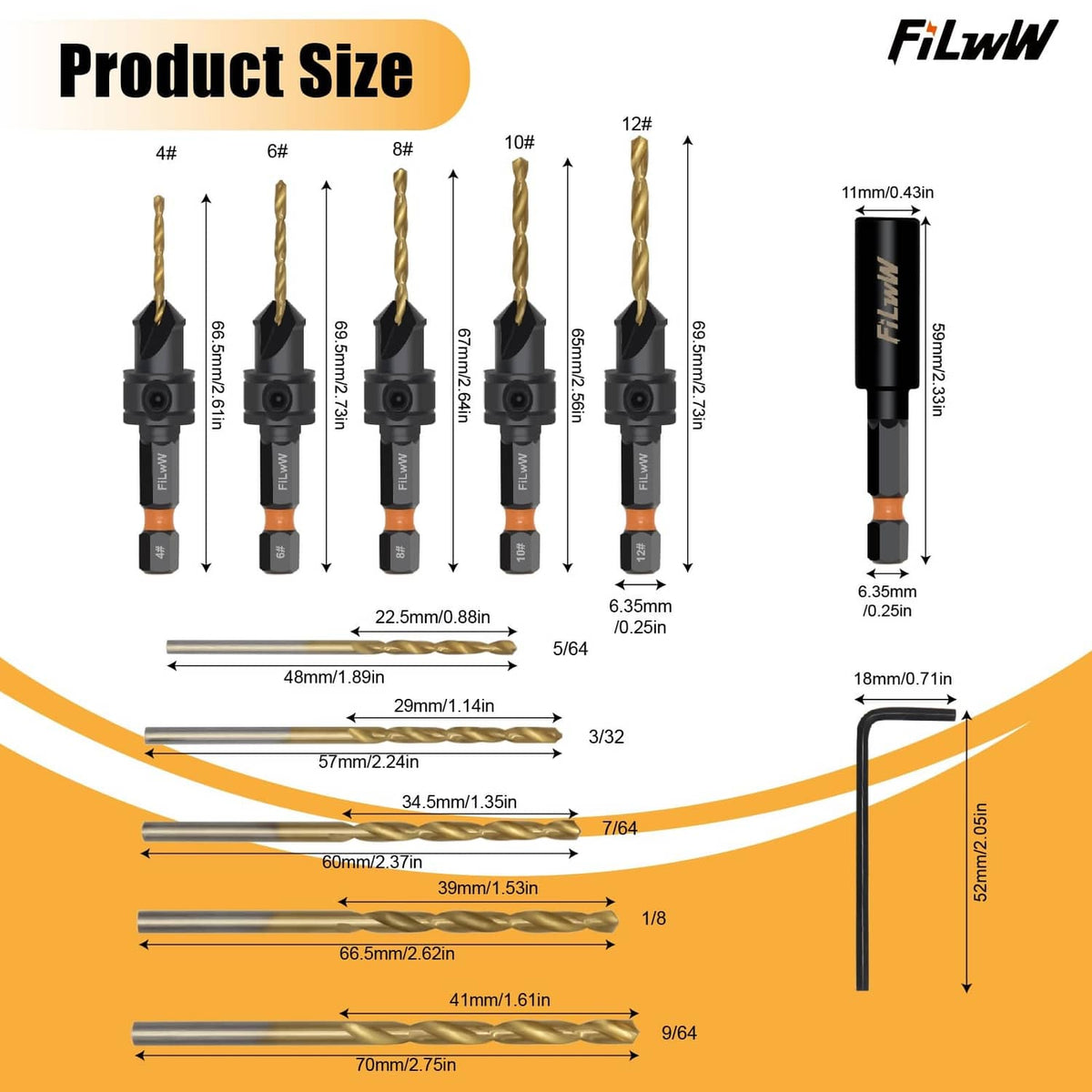 Countersink drill bit set size chart showing multiple bit sizes and 1/4 hex shank (FiLwW)