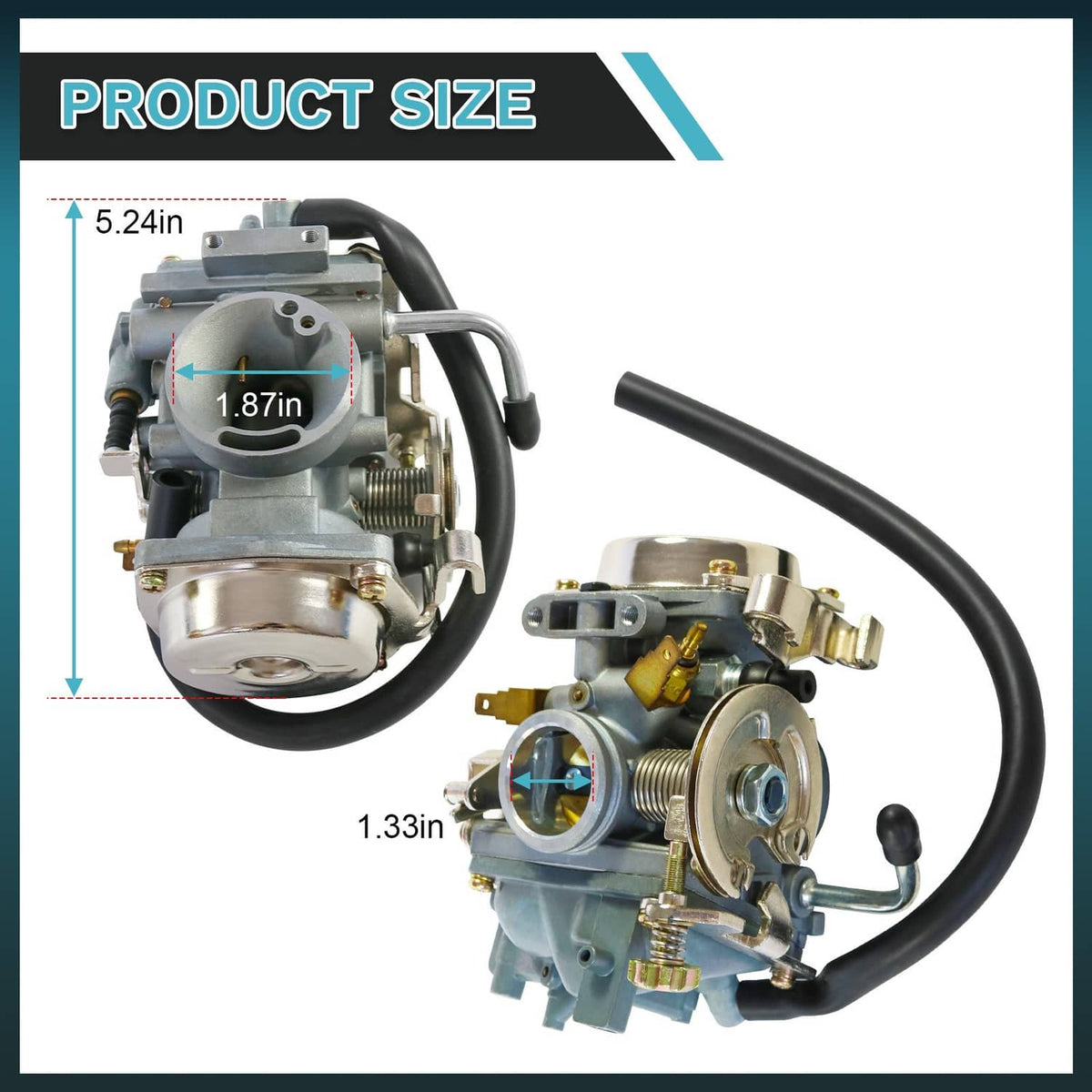 Carburetor assembly with intake housing and black fuel line, product size diagram.