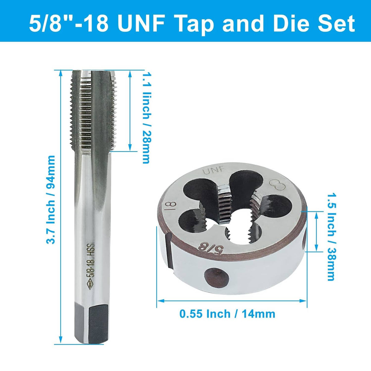 5/8-18 UNF tap and die set, metal tap and die insert