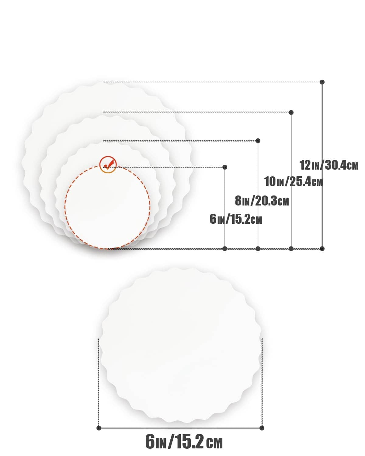 Round wave cake boards with scalloped edges; size diagram shows 6 in